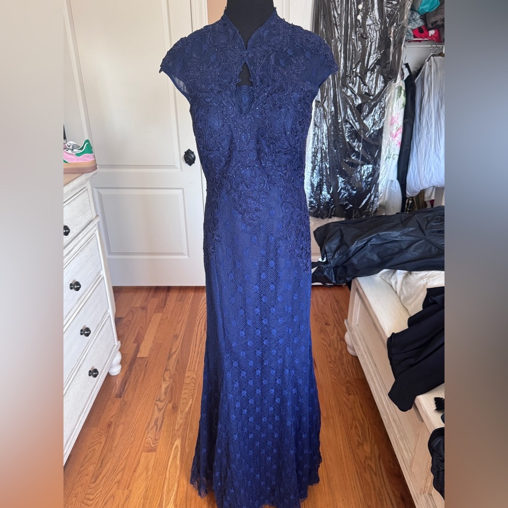 JVN by Jovani Navy Blue Lace Beaded Evening Gown – Formal Maxi Dress